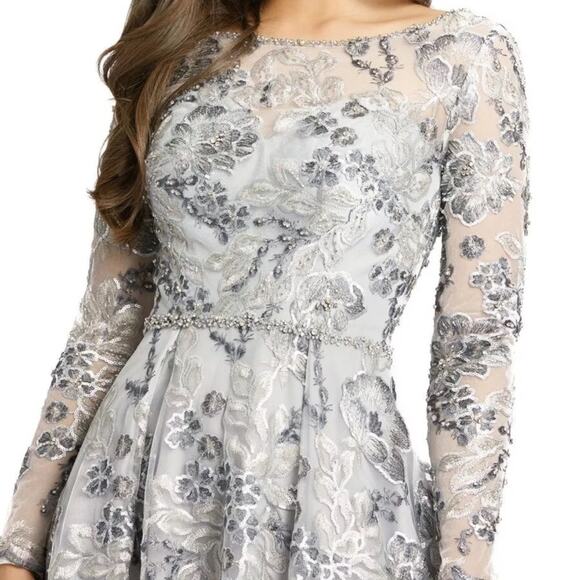 Mac Duggal 11185 Floral Long Sleeve A-Line Gown Platinum Women’s Sz 8 - Picture 3 of 13